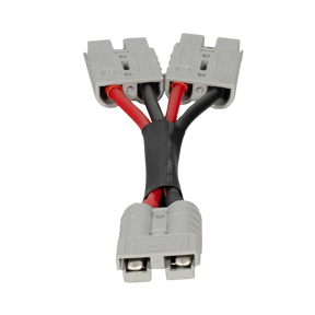 Rekcharge 50A two to one Anderson adaptor with positive and negative leads joining three grey plugs.