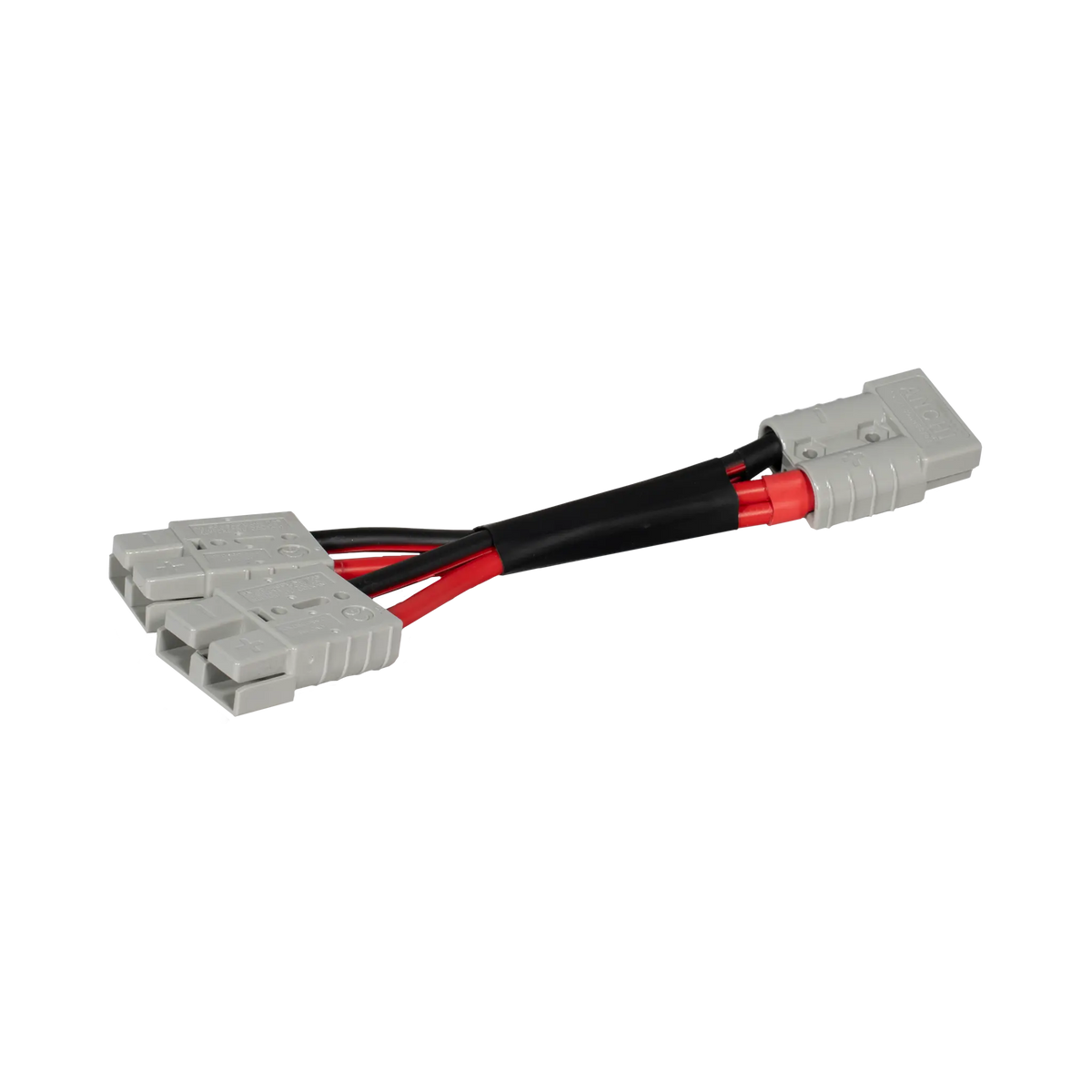 Rekcharge 50A two to one Anderson adaptor in a low angled view with black sleeving around the joined leads.