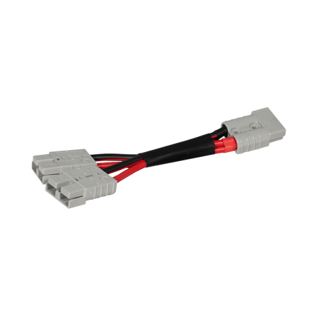 Rekcharge 50A two to one Anderson adaptor in a low angled view with black sleeving around the joined leads.