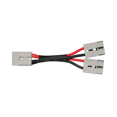 Rekcharge 50A two to one Anderson adaptor top view with one grey plug on the left and two on the right.