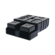 Rekcharge black 50A Anderson plug in a front right close up with polarity markings and contact openings visible.