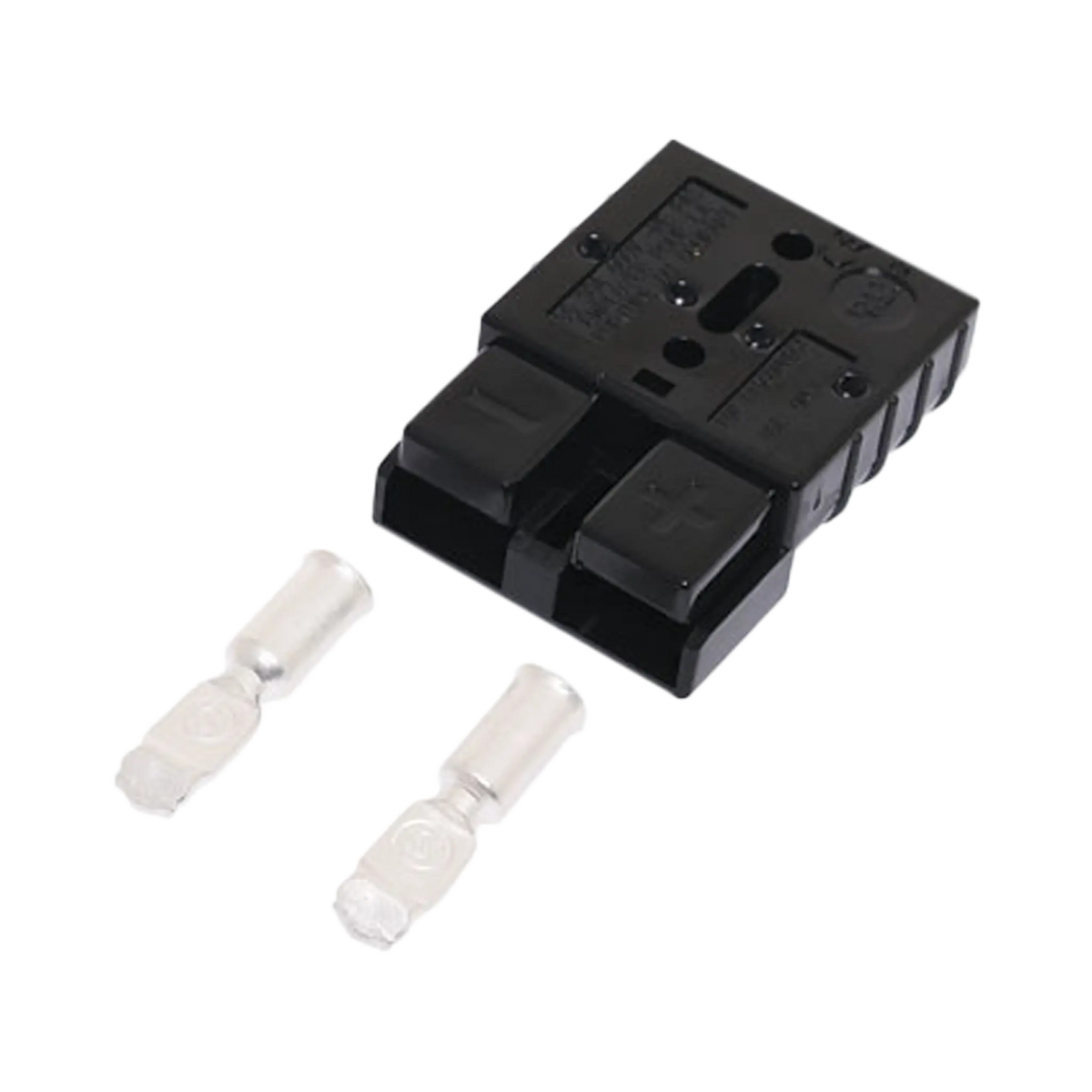 Rekcharge black 50A Anderson plug housing with two loose metal crimp contacts laid out in front.