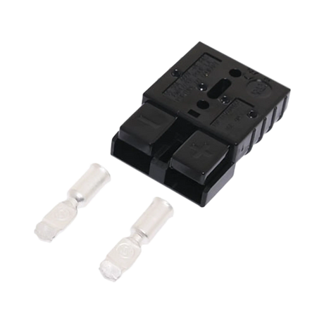 Rekcharge black 50A Anderson plug housing with two loose metal crimp contacts laid out in front.