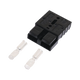 Rekcharge black 50A Anderson plug housing with two loose metal crimp contacts laid out in front.
