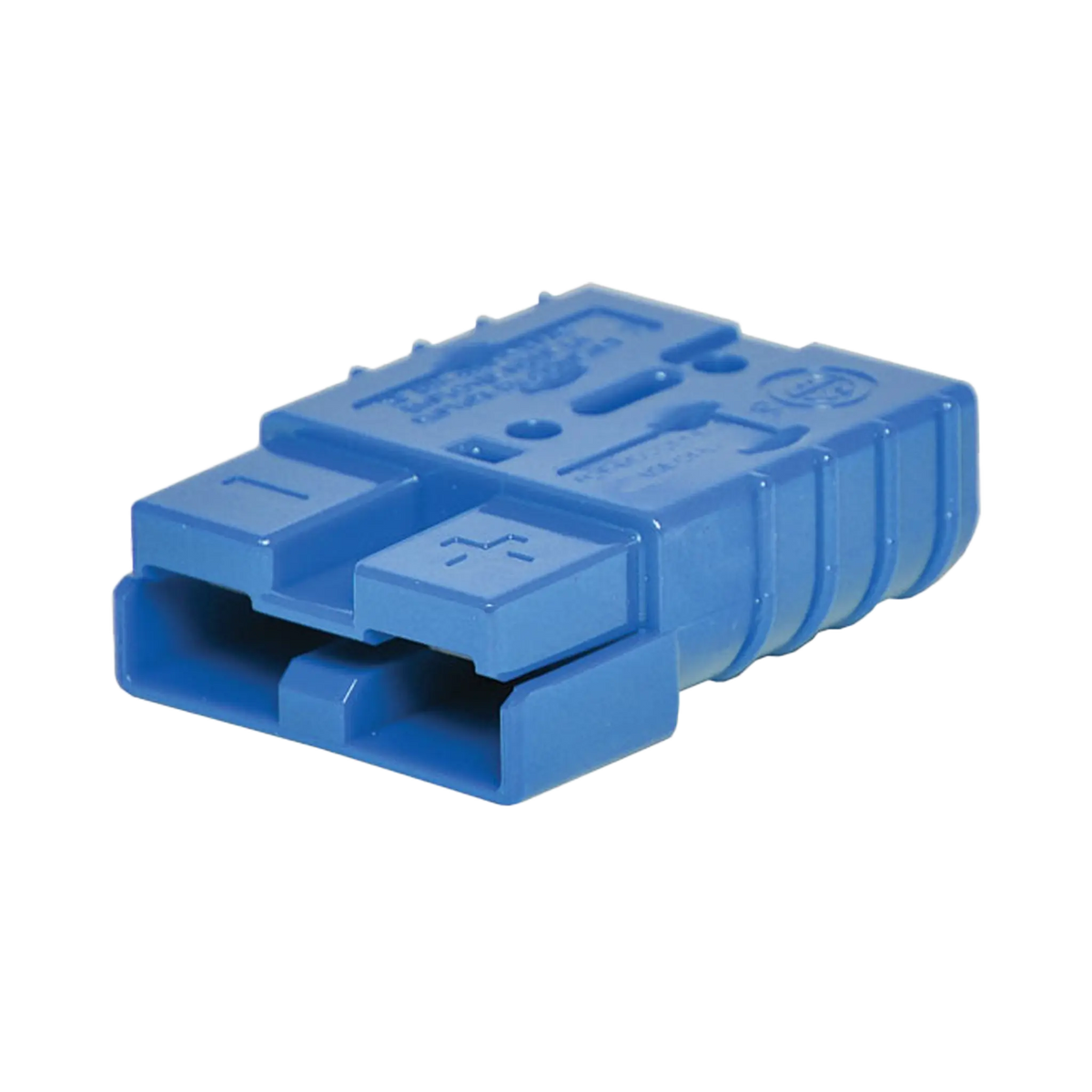 Rekcharge blue 50A Anderson plug in a front right close up with polarity markings on the housing.