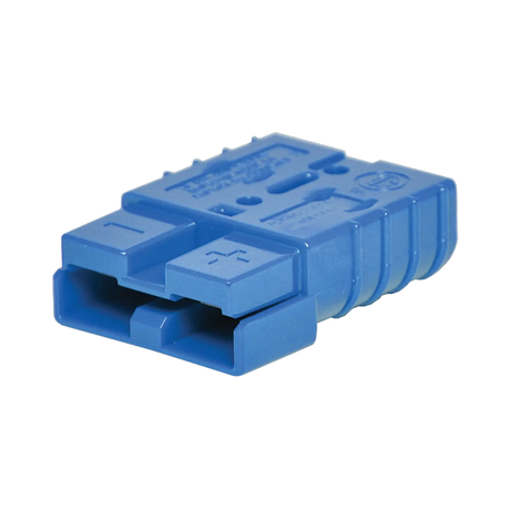 Rekcharge blue 50A Anderson plug in a front right close up with polarity markings on the housing.