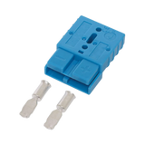 Rekcharge blue 50A Anderson plug housing with two loose metal crimp contacts.