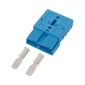 Rekcharge blue 50A Anderson plug housing with two loose metal crimp contacts.