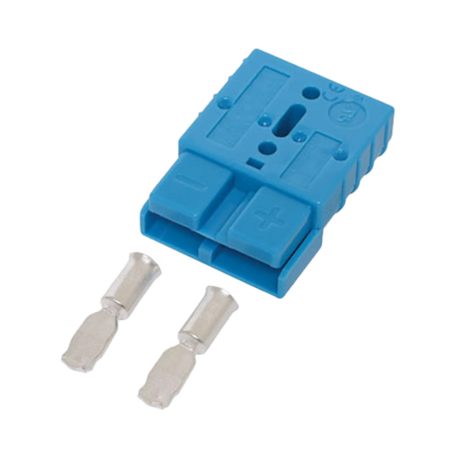 Rekcharge blue 50A Anderson plug housing with two loose metal crimp contacts.
