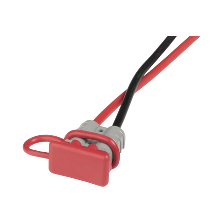 Rekcharge red 50A Anderson plug dust cover fitted over a grey plug with positive and negative cables.