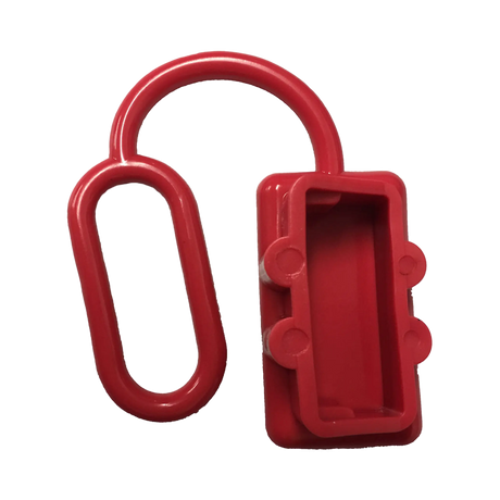 Rekcharge red 50A Anderson plug dust cover underside view showing the connector cavity and tether.