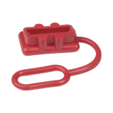 Rekcharge red 50A Anderson plug dust cover angled view with an attached flexible tether loop.