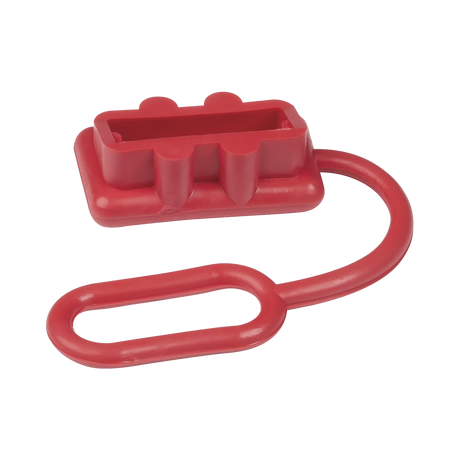 Rekcharge red 50A Anderson plug dust cover angled view with an attached flexible tether loop.