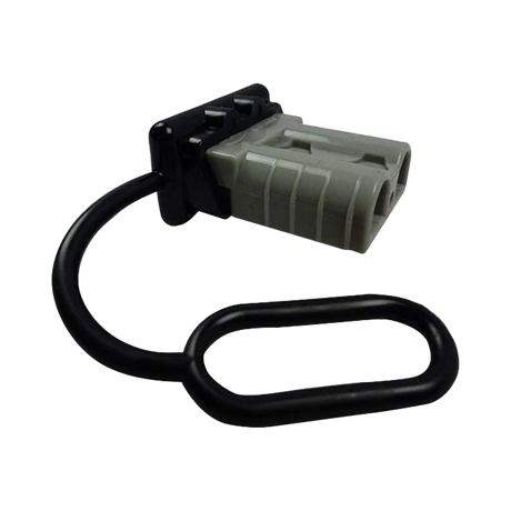 Rekcharge black 50A Anderson plug dust cover fitted to a grey plug with its retaining loop beside it.