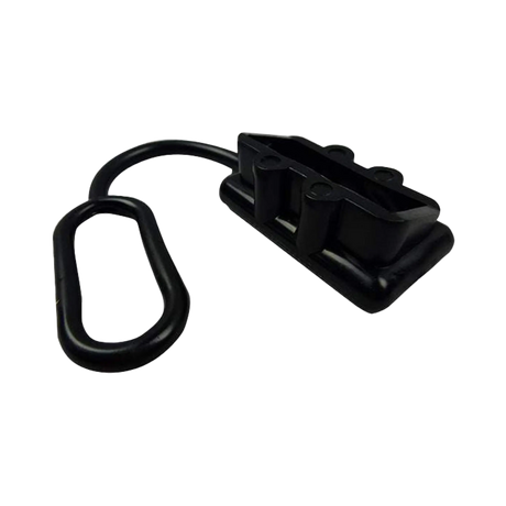 Rekcharge black 50A Anderson plug dust cover angled close up with moulded ribs and an attached retaining loop.