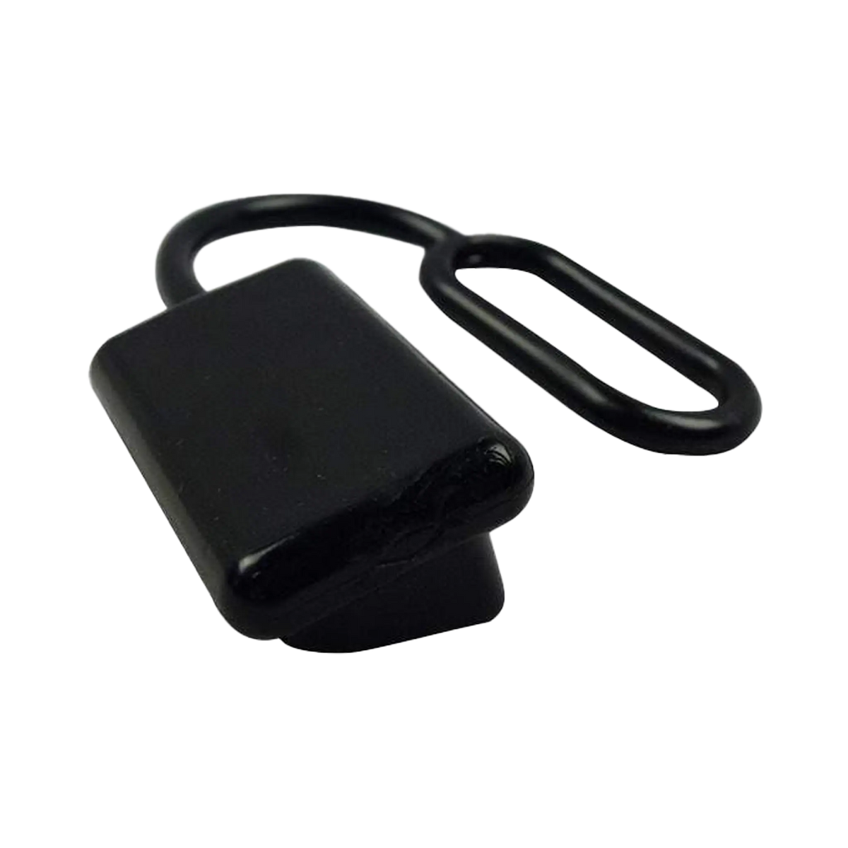 Rekcharge black 50A Anderson plug dust cover with its smooth outer face and retaining loop visible.