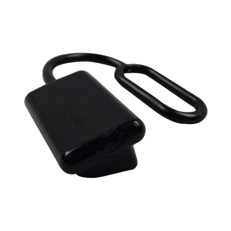 Rekcharge black 50A Anderson plug dust cover with its smooth outer face and retaining loop visible.