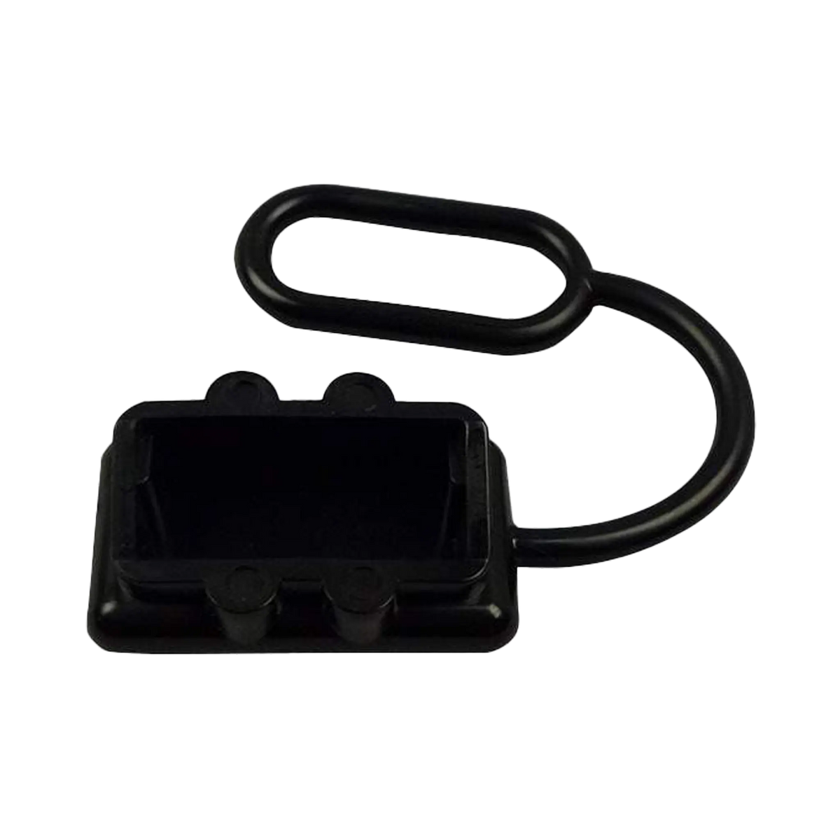 Rekcharge black 50A Anderson plug dust cover front view into the rectangular opening with its loop above.