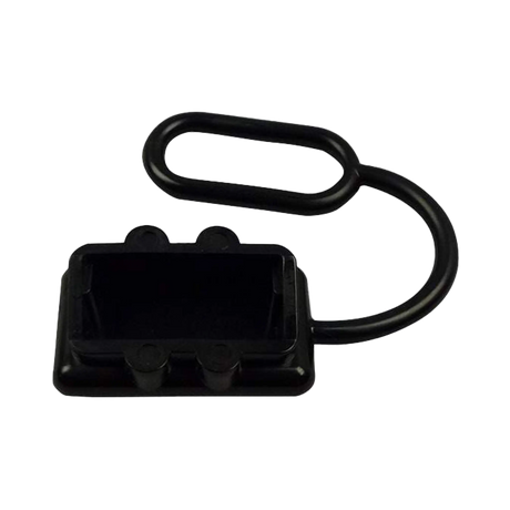 Rekcharge black 50A Anderson plug dust cover front view into the rectangular opening with its loop above.