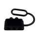 Rekcharge black 50A Anderson plug dust cover front view into the rectangular opening with its loop above.