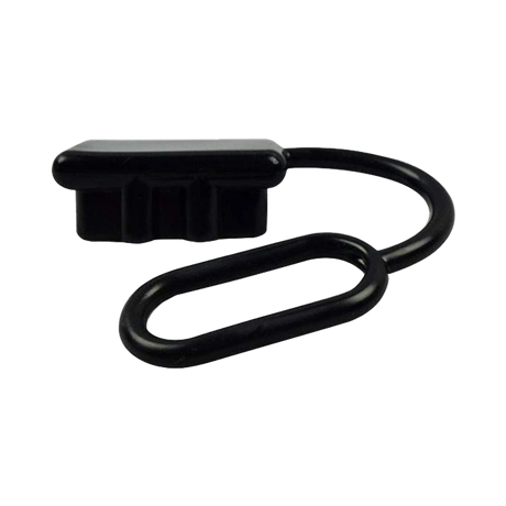 Rekcharge black 50A Anderson plug dust cover side view with a raised rim and curved tether.
