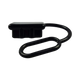 Rekcharge black 50A Anderson plug dust cover side view with a raised rim and curved tether.
