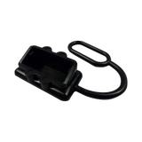 Rekcharge black 50A Anderson plug dust cover in an angled view with its recessed opening and retaining loop visible.