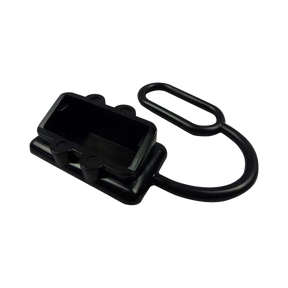 Rekcharge black 50A Anderson plug dust cover in an angled view with its recessed opening and retaining loop visible.
