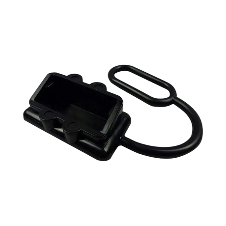 Rekcharge black 50A Anderson plug dust cover in an angled view with its recessed opening and retaining loop visible.