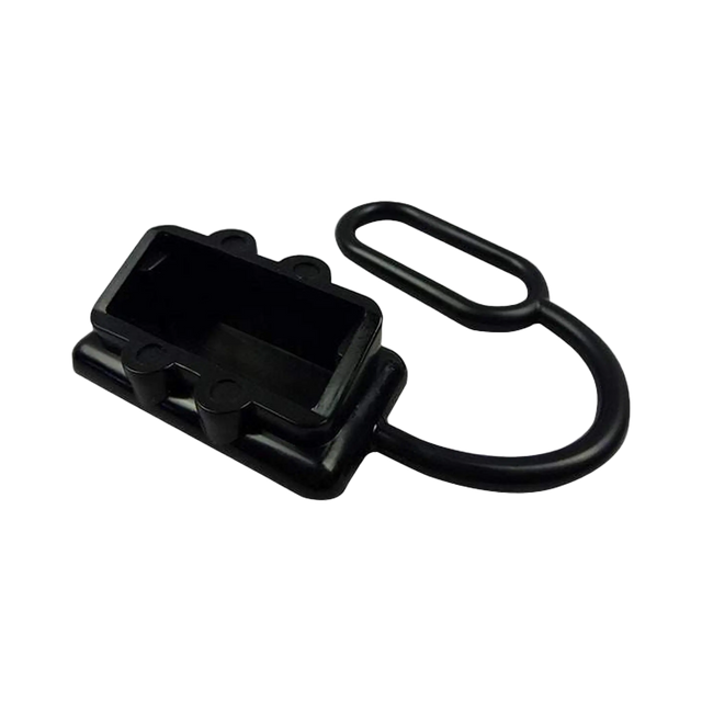 Rekcharge black 50A Anderson plug dust cover in an angled view with its recessed opening and retaining loop visible.