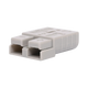 Rekcharge grey 50A Anderson plug in a front right view with two contact openings and a ribbed side.
