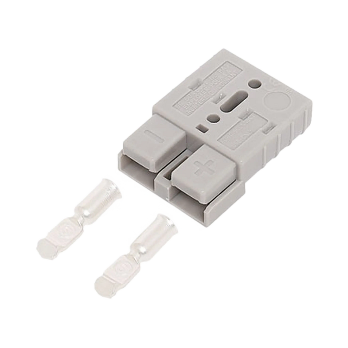 Rekcharge grey 50A Anderson plug housing with two metal crimp contacts placed beside it.