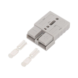 Rekcharge grey 50A Anderson plug housing with two metal crimp contacts placed beside it.