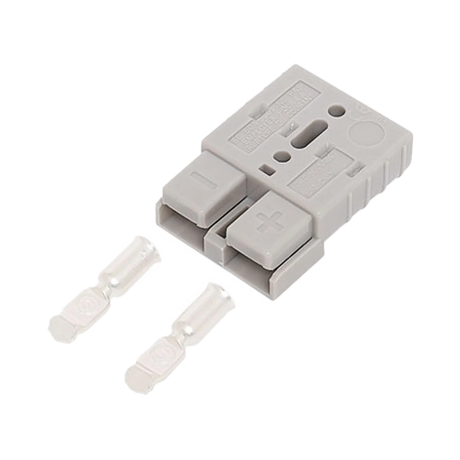 Rekcharge grey 50A Anderson plug housing with two metal crimp contacts placed beside it.