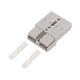 Rekcharge grey 50A Anderson plug housing with two metal crimp contacts placed beside it.