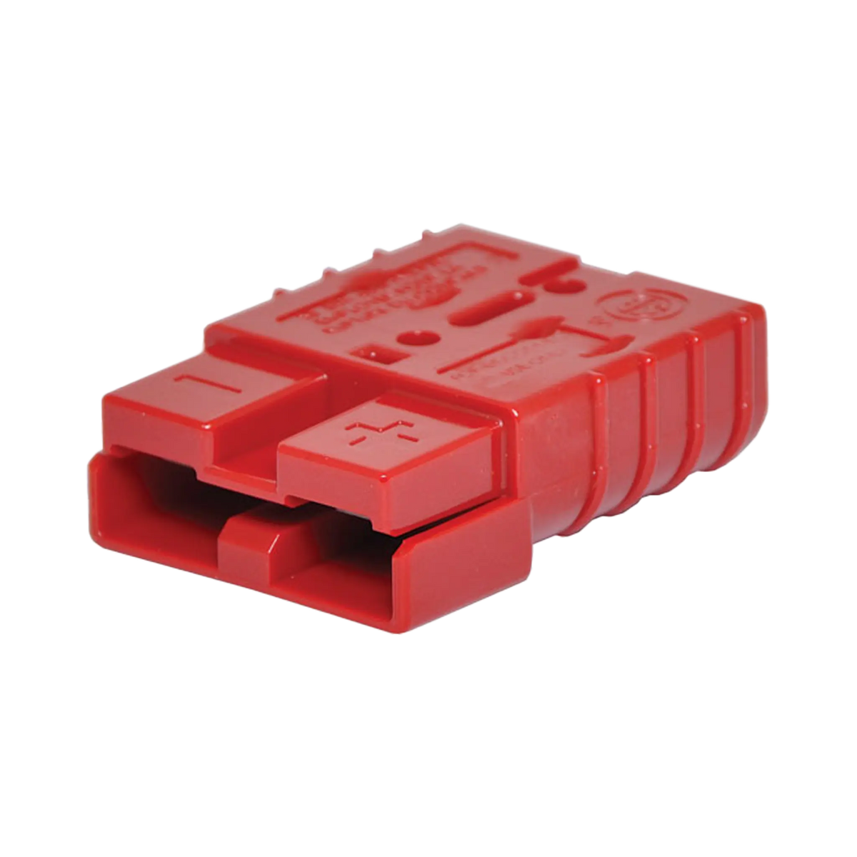Rekcharge red 50A Anderson plug in a front right close up with contact openings and a ribbed side.