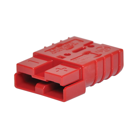 Rekcharge red 50A Anderson plug in a front right close up with contact openings and a ribbed side.