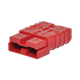 Rekcharge red 50A Anderson plug in a front right close up with contact openings and a ribbed side.