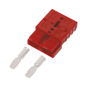 Rekcharge red 50A Anderson plug housing with two metal contacts laid out in front.