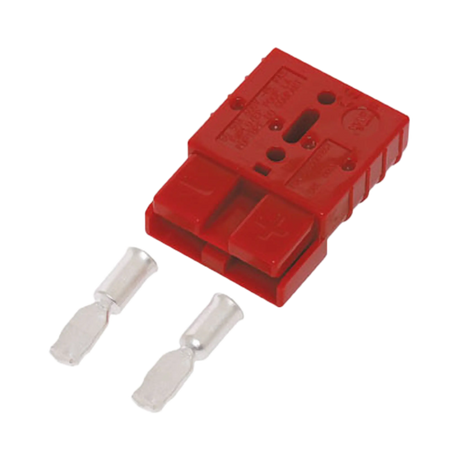 Rekcharge red 50A Anderson plug housing with two metal contacts laid out in front.