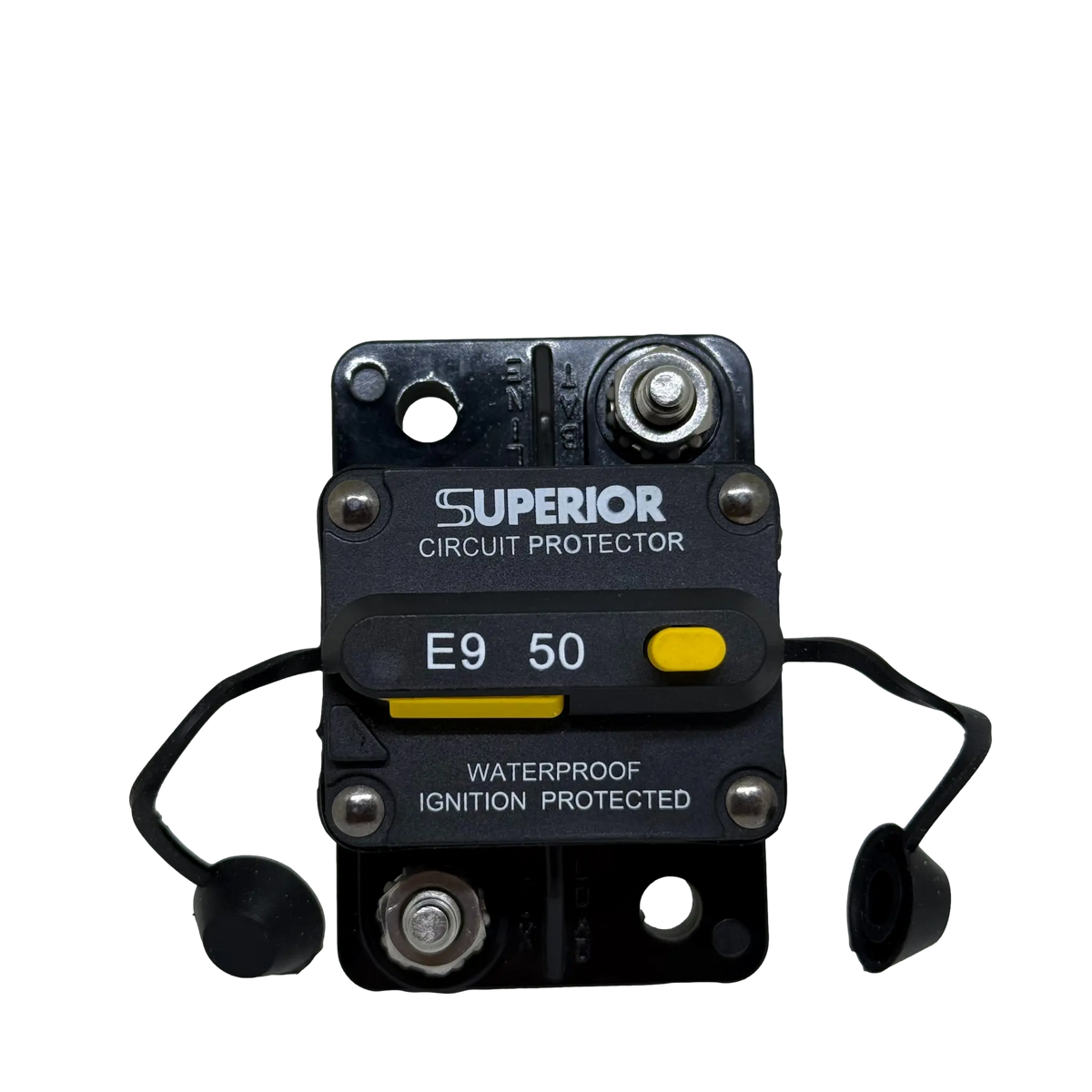 Rekcharge 50A Inline Waterproof Resettable Circuit Breaker front view with terminal caps.