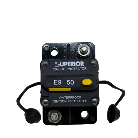 Rekcharge 50A Inline Waterproof Resettable Circuit Breaker front view with terminal caps.