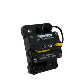 Rekcharge 50A Inline Waterproof Resettable Circuit Breaker angled front-left view.