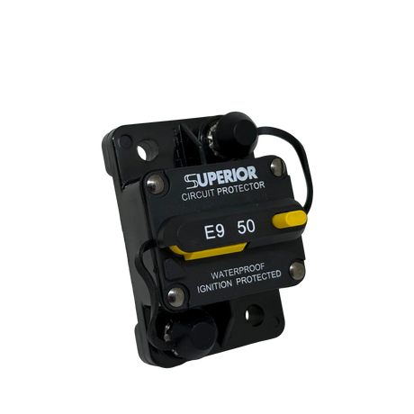 Rekcharge 50A Inline Waterproof Resettable Circuit Breaker angled front-left view.