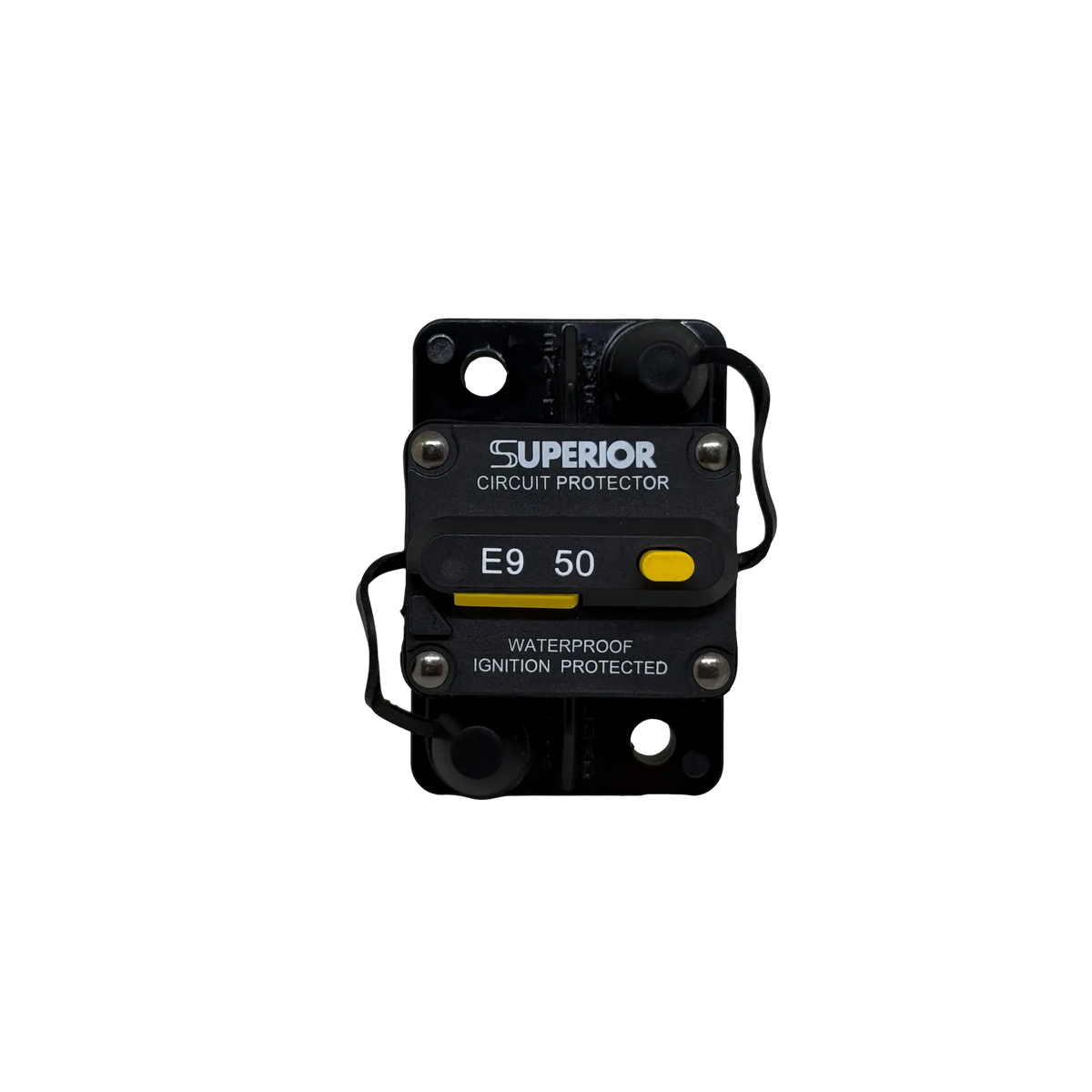 Rekcharge 50A Inline Waterproof Resettable Circuit Breaker straight front view.