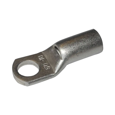 Rekcharge 50mm battery cable lug with a 10mm hole, angled to show its crimp barrel and stamped size.