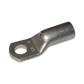 Rekcharge 50mm battery cable lug with an 8mm hole, angled to show its crimp barrel and stamped size.