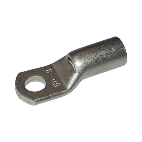 Rekcharge 50mm battery cable lug with an 8mm hole, angled to show its crimp barrel and stamped size.