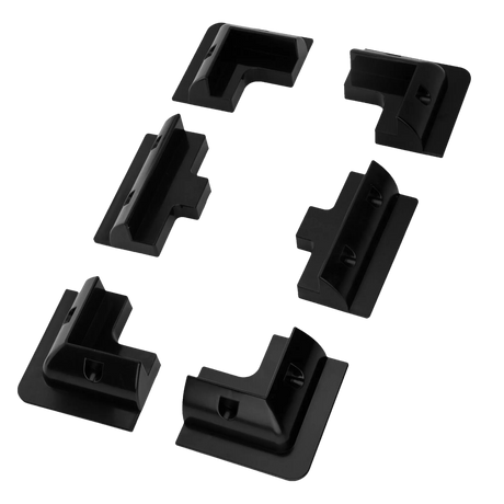 Rekcharge six-piece black solar panel mounting kit top view with all six bracket profiles.