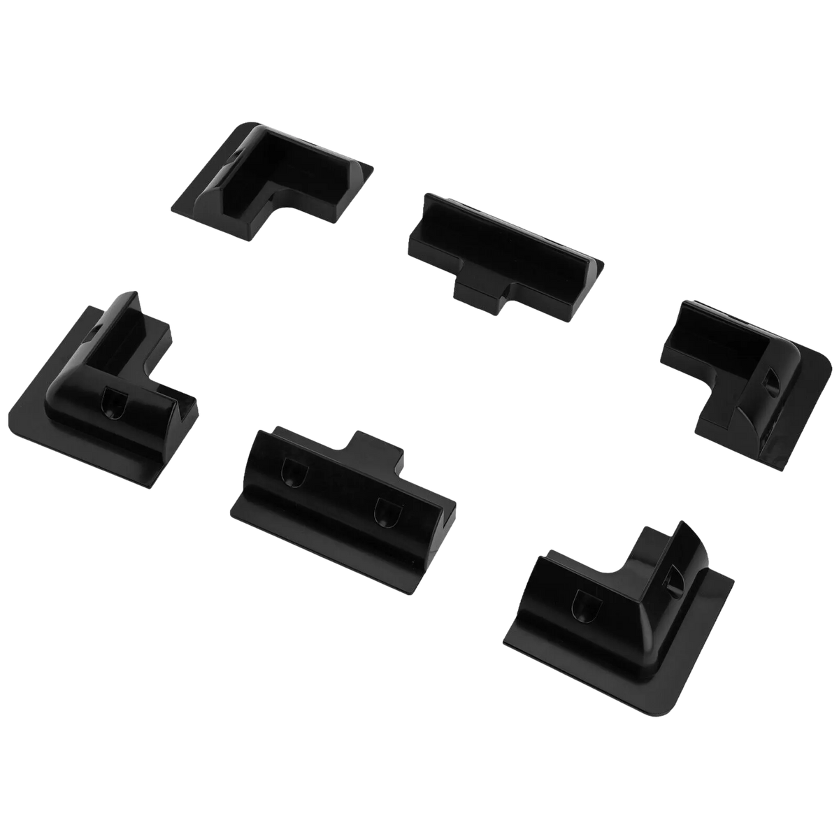 Rekcharge six-piece black solar panel mounting kit with corner and side brackets spread out.
